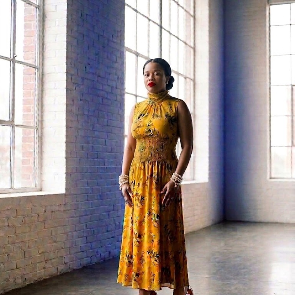 SHEIN Yellow Floral Maxi Dress with High Neck
